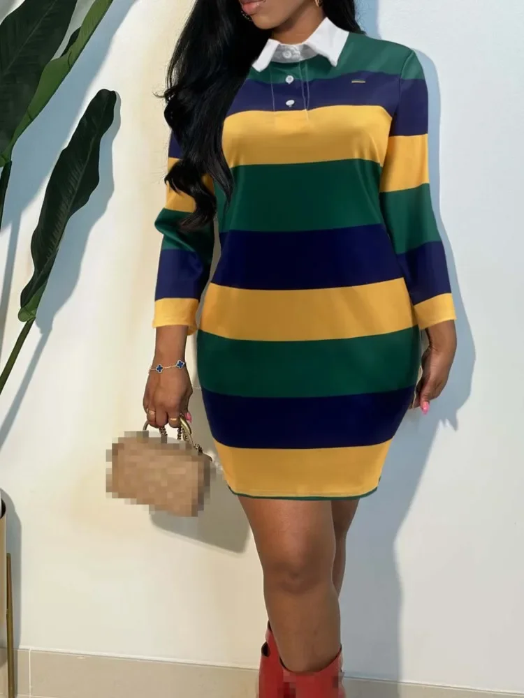 Women Long Sleeve Sriped Print Fashionable Striped Printed POLO Collar Three-quarter Sleeve Street Casual T-shirt Style Dresses