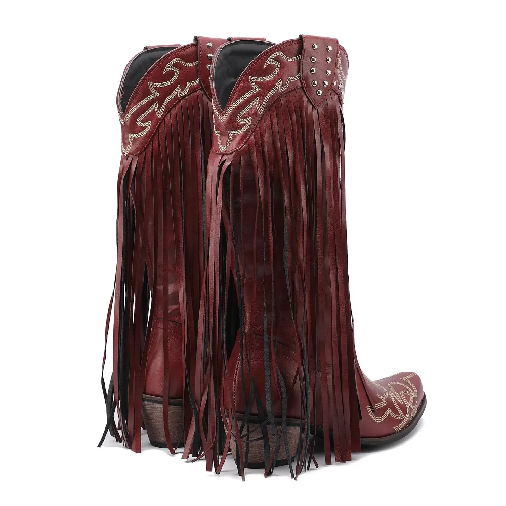 Western Cowboy Mid-calf Boots for Women Red Black Embroidery Fringe High Block Heel Party Casual Rivet Slip-on Cowgirl Half Boot