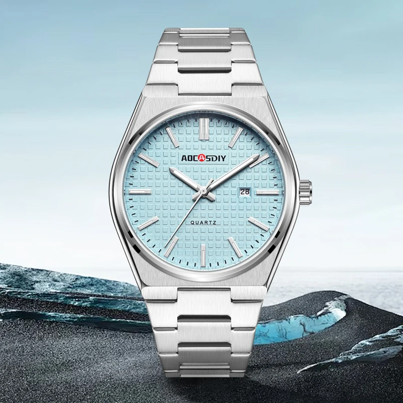 

Мужские модные часы с кварцевым механизмом, стальным браслетом, водонепроницаемые, с подсветкой и календарем.