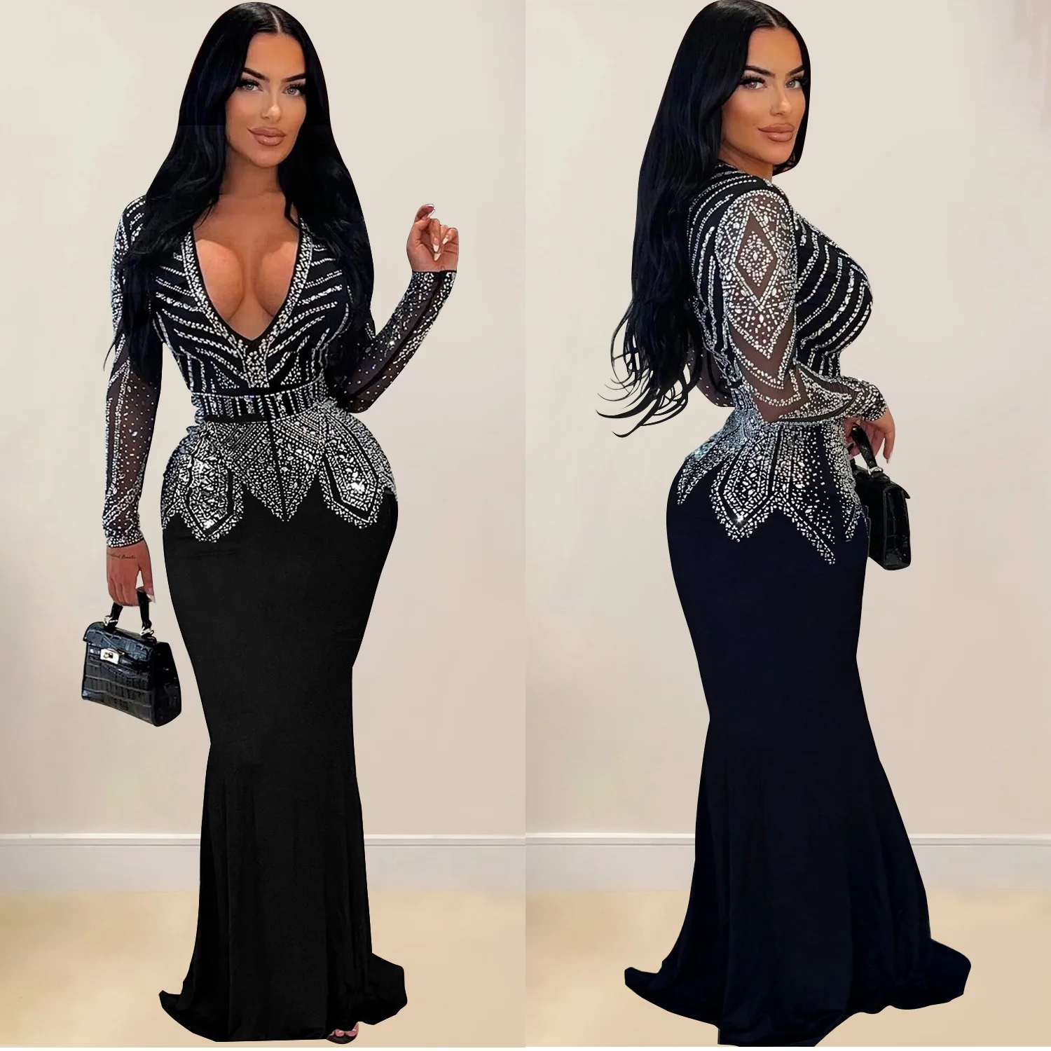 

C7003 Новое модное женское длинное платье Hot Diamond с v-образным вырезом