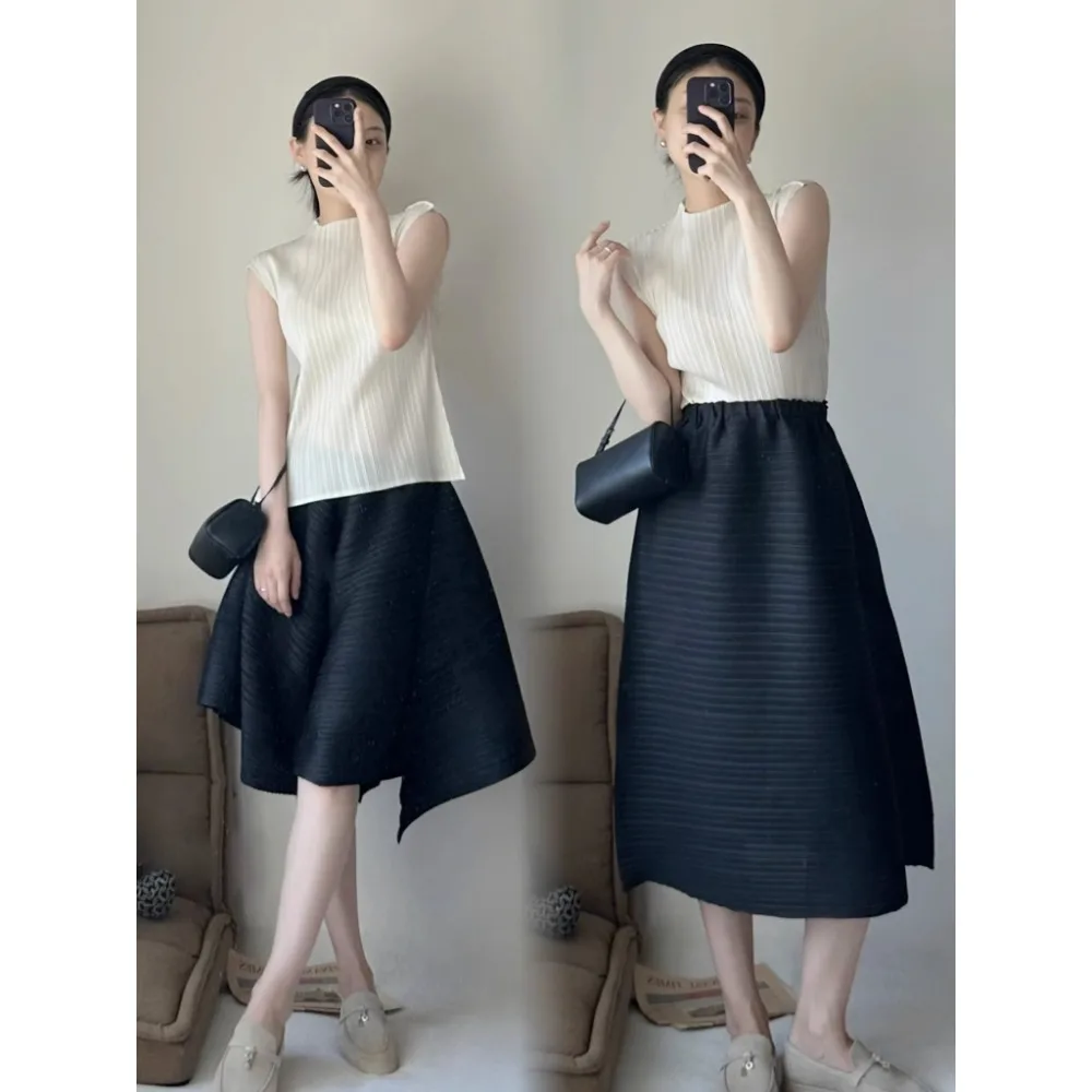 

Pleated Black Silhouette Shorts and Skirts Basic Style Straight Tube Mid Length Half Skirt Korean Version Advanced Simple Style