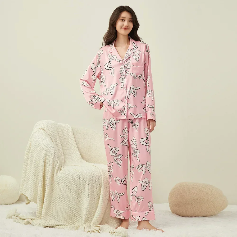 Secret Big Butterfly Flower Women's Pajamas, Long Sleeve Trousers, Ice Silk Loungewear, Two-piece Set