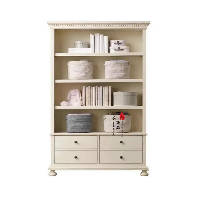 

American rural solid wood children's bookcase French antique white bookcase retro display bookshelf
