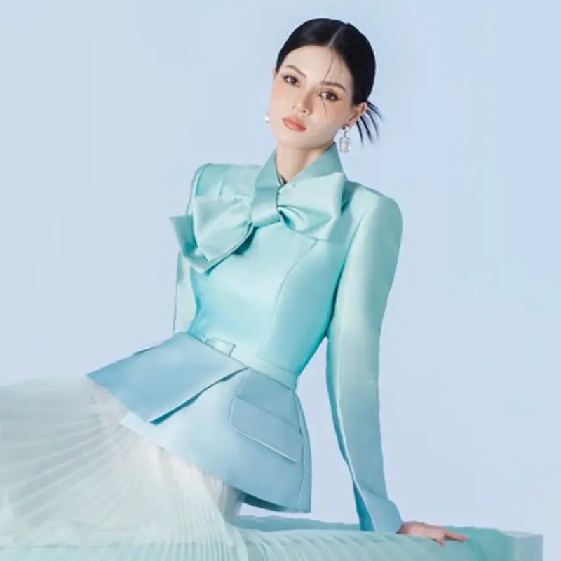 New Haute Couture Long Sleeve Two Pieces Formal Clothing Party Dress Satin and Tulle Light Blue Women Party Gown