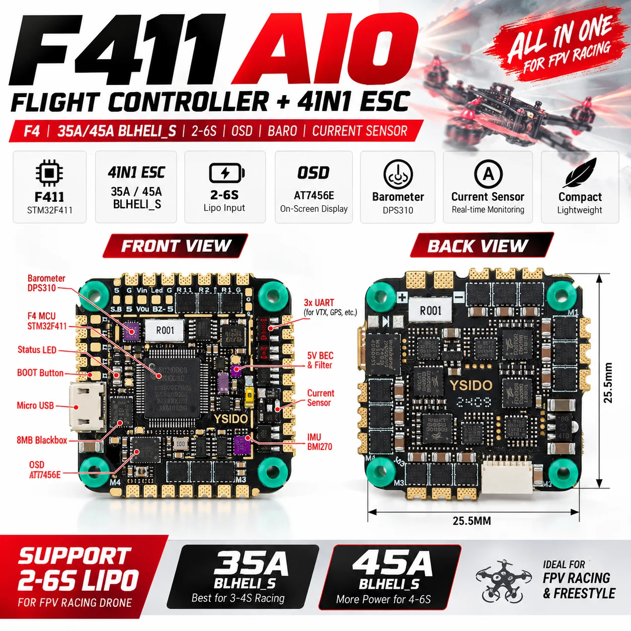 Contrôleur de vol F411 F4 AIO BLHELI_S 35A 45A 4-en-1 ESC 2-6S OSD Baromètre Capteur de courant pour drone de course RC, modèle d'avion FPV
