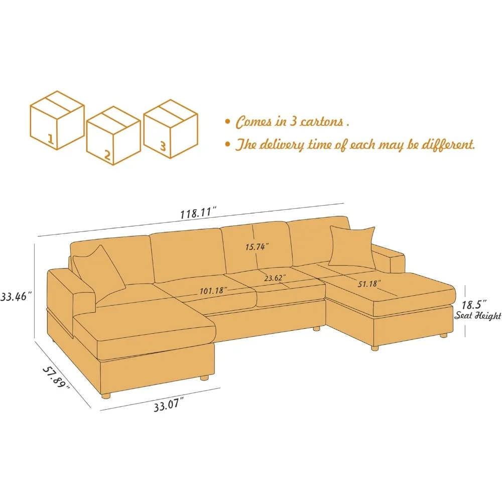 118'' U Shaped Sectional Sofa , Corduroy Fabric Modern Cozy Jumbo Size 4-Seater Living Room Couch, Double Chaise Longue