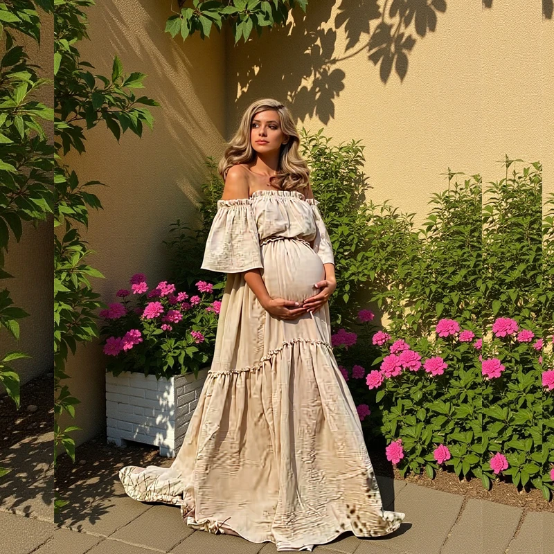 

Women's Boho Two-Piece Dress - Cotton Maternity Photo Shoot Set with Vintage Top & Skirt - for Pregnancy Photoshoots & Special