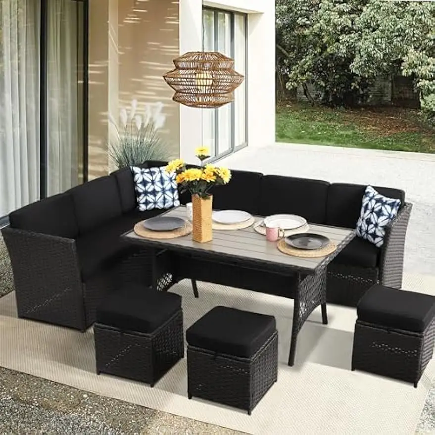 Patio Furniture Set, 7 Pieces Patio Dining Sets, All Weather Outdoor Wicker Conversation Loveseat Set with Dining Table, Ottoman