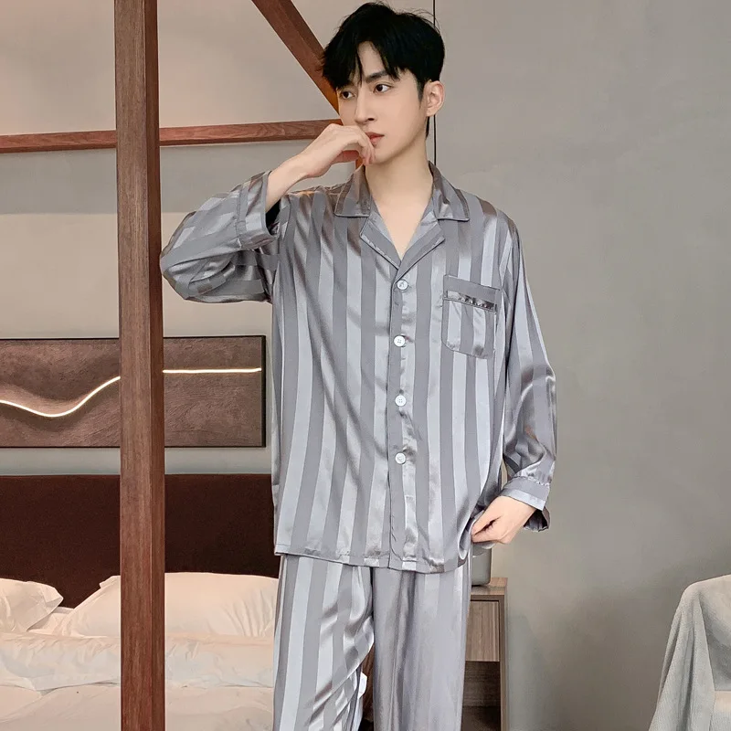 Men\'s Pajama Summer Long-sleeved Ice Silk New High Quality Stain Sleepwear Suit Home Clothes Male Night Wear Pyjamas Gentlemen