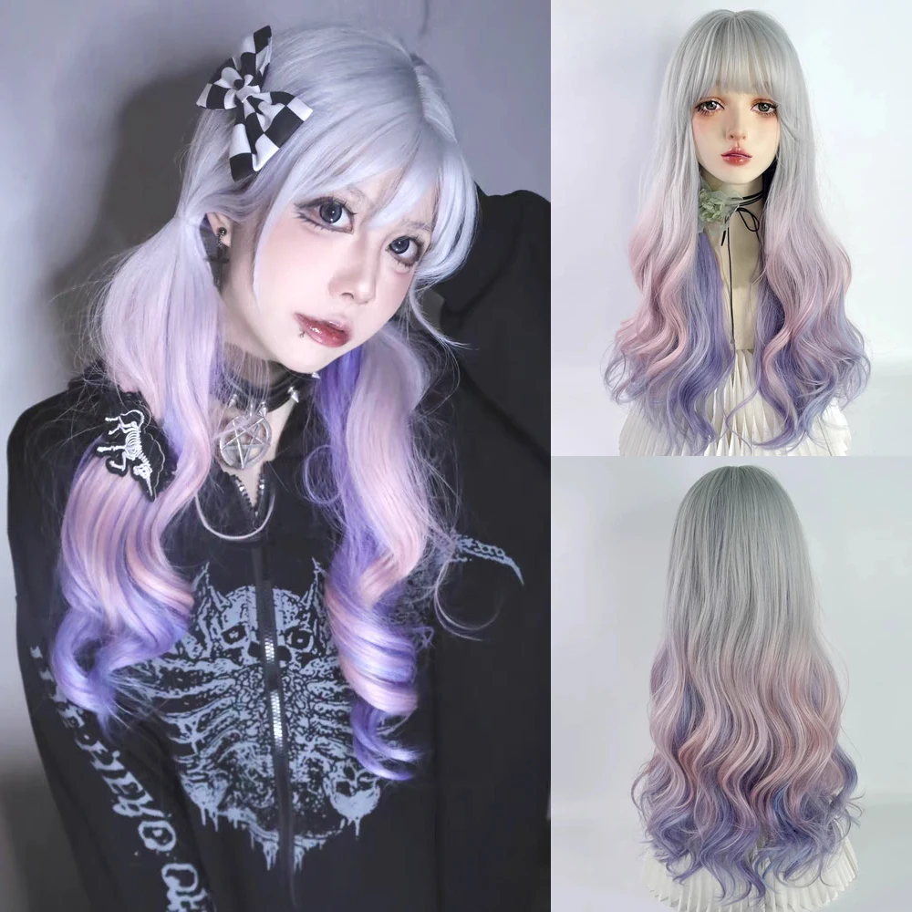 Lolita Ombre Pink Purple Gradient Rainbow Synthetic Long Wavy Women Wig with Bangs Fluffy Hair Wig for Party Cosplay