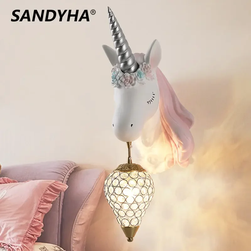 SANDYHA-북유럽 스타일 Led 벽 램프, 유니콘 크리스탈 조명, 어린이 방, 침대 머리맡, 집 장식용 램프