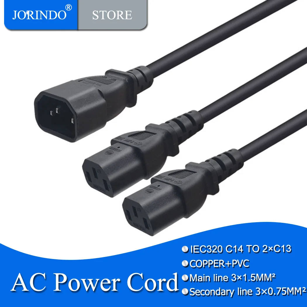 JORINDO IEC320 C14 TO 2×C13,C14 3 Pin male piug to two C13 female holes socket,Y Split AC Power Cord 0.4m/1.31ft