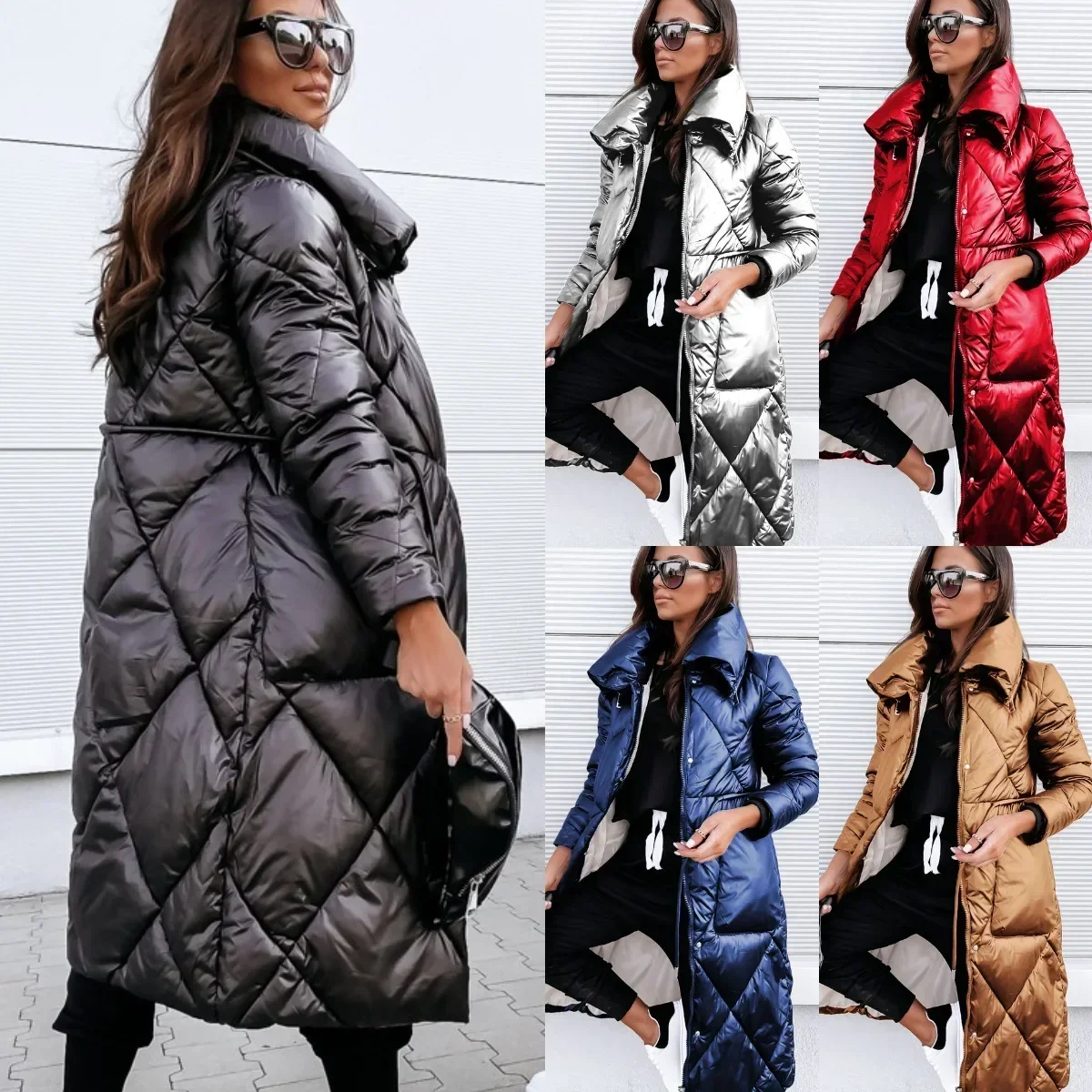 New Lapel Long Women\'s Clothing Down Cotton Jacket Top Long Sleeve Zipper Cotton-Padded Coat Parka Autumn Winter