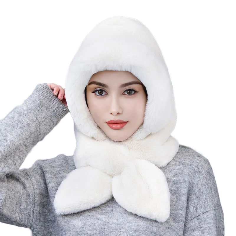 Women Winter Hood Beanies Thick Plush Scarf Hat Set Outdoor Ski Windproof Warm Headgear Solid Fluffy Fur Female Earmuffs Cap