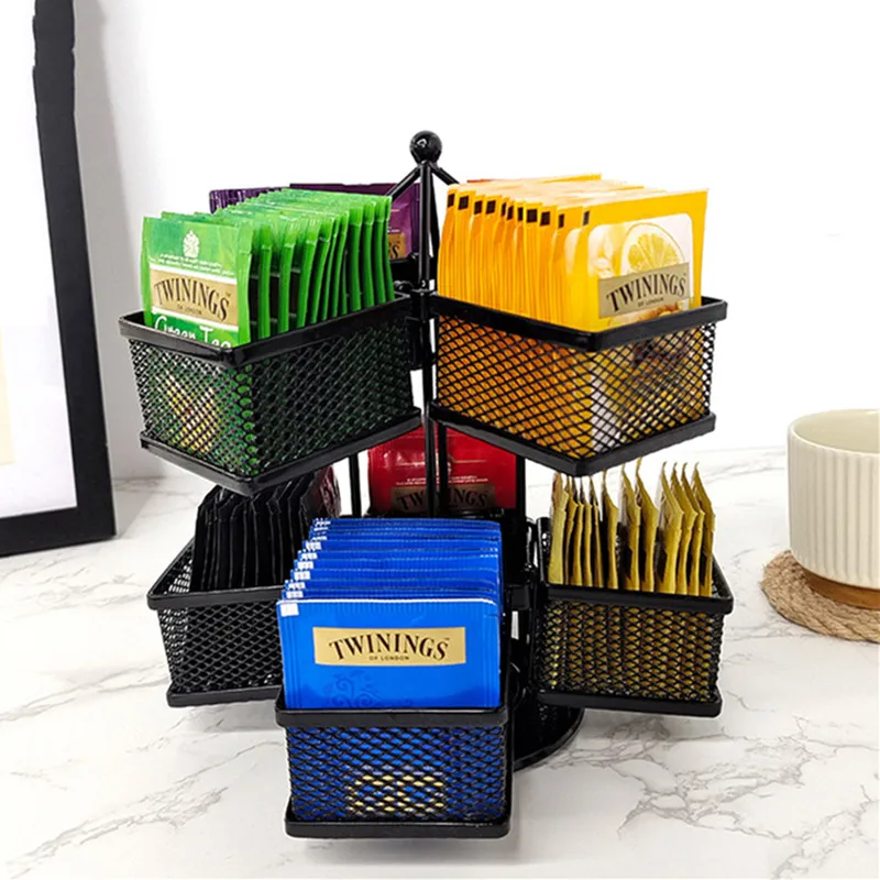 

Sugar Tea Bags Coffee Storage Holder Organizer 8 Grid Freezer Storage Box Dustproof Rotatable Metal Desktop Jewelry Storage Rack