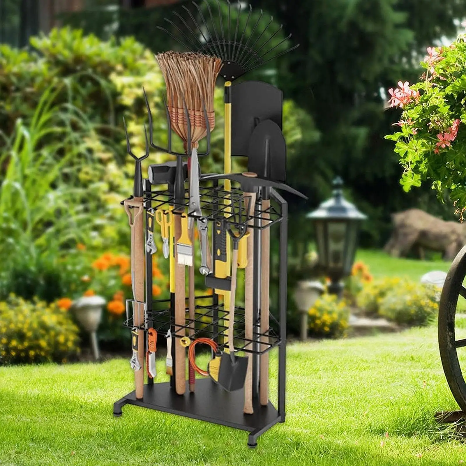 Garden Tool Organizer Yard Tools Rack 3 Tier Metal Garage Tools Storage Stand Heavy Duty for Brooms Lawn Indoors Rakes Garage