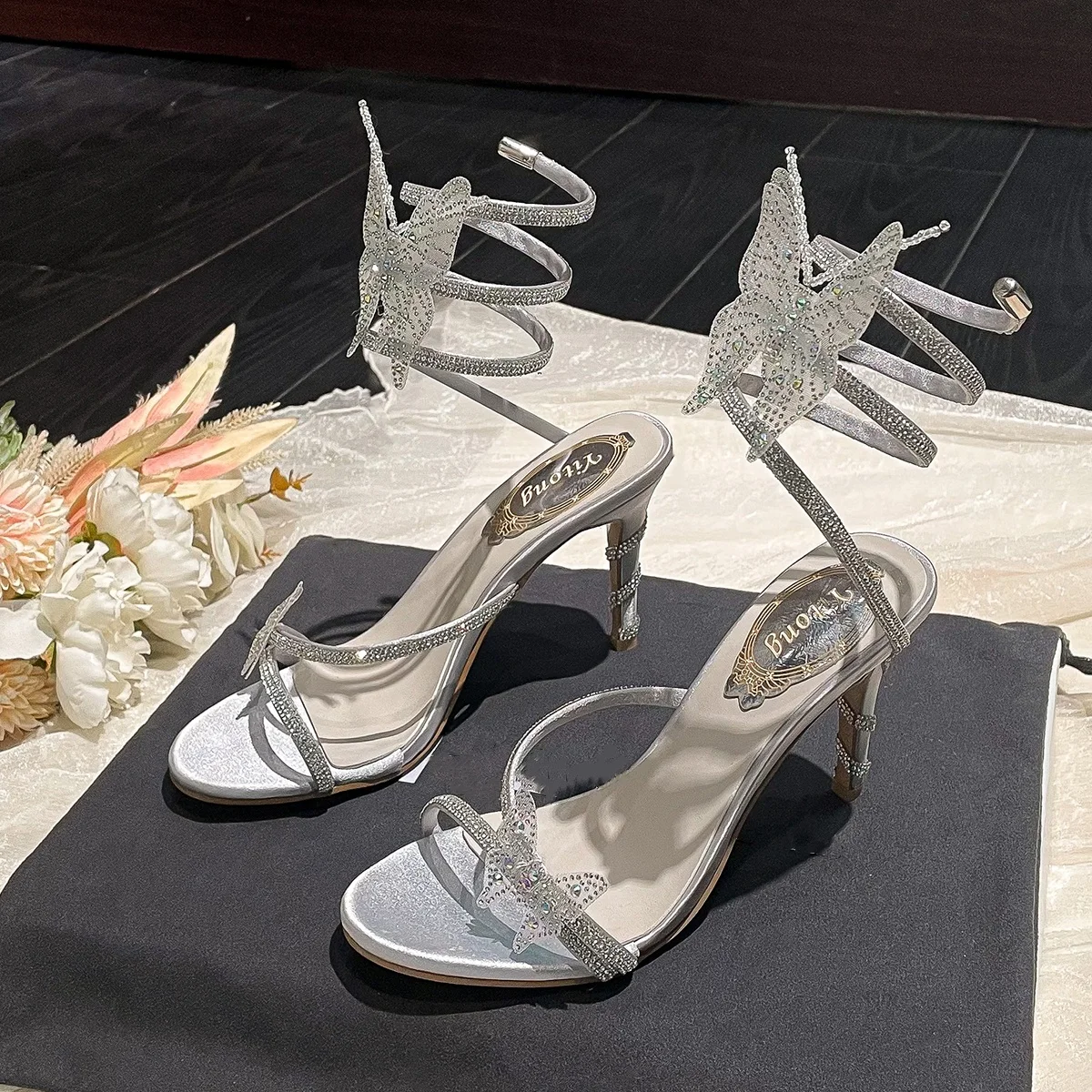 2024 Summer Luxury Women's Rhinestone Butterfly Silver Apricot Fashion High Heel Sandals Wedding Banquet Dress Bridal Shoes