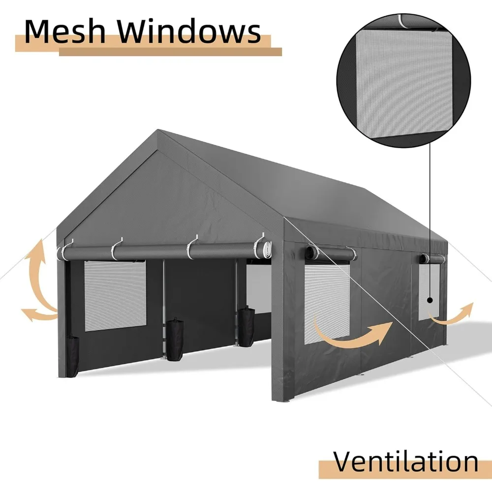 12x20 FT Carport met verwijderbare zijwanden en deuren, oprolramen, zandzakken en zeildoek voor alle seizoenen voor auto, boot, vrachtwagen, motorfiets