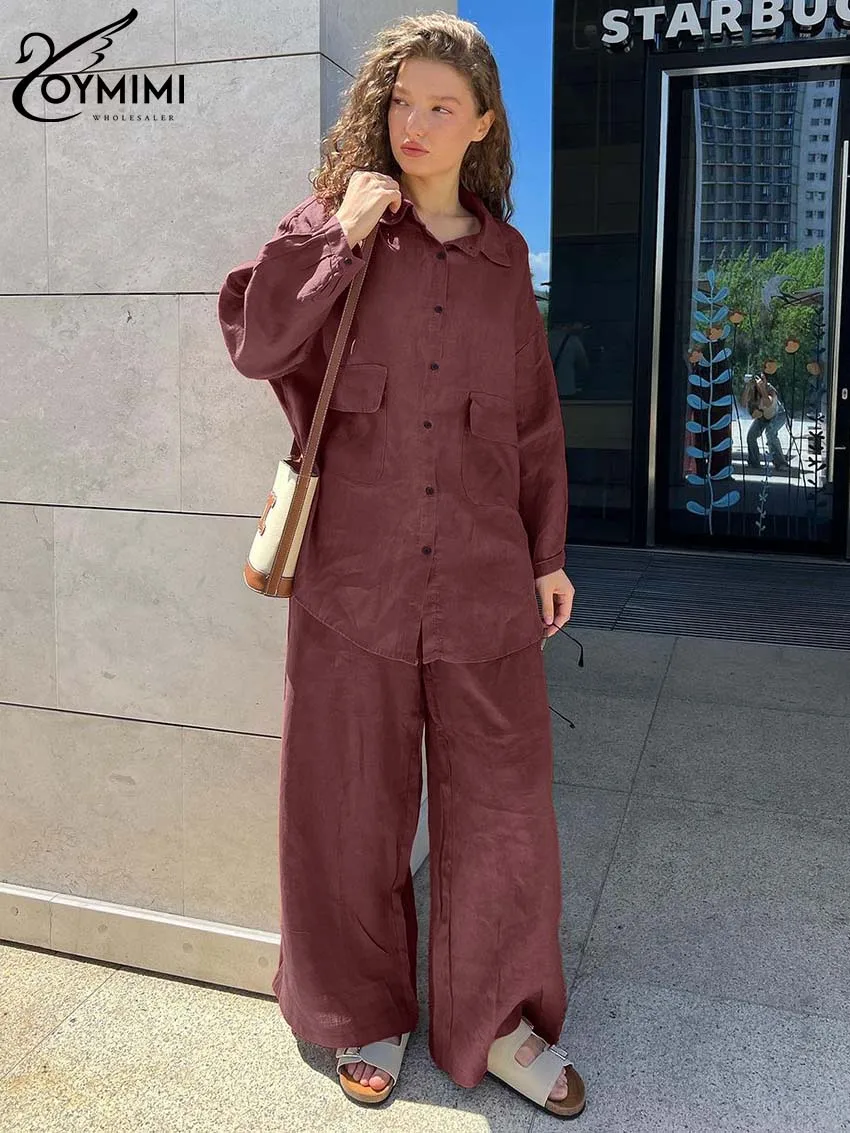 Oymimi Elegant Rusts Red Cotton Women 2 Piece Set Outfit Casual Lapel Long Sleeve Pockets Button Shirts And Simple Pants Sets