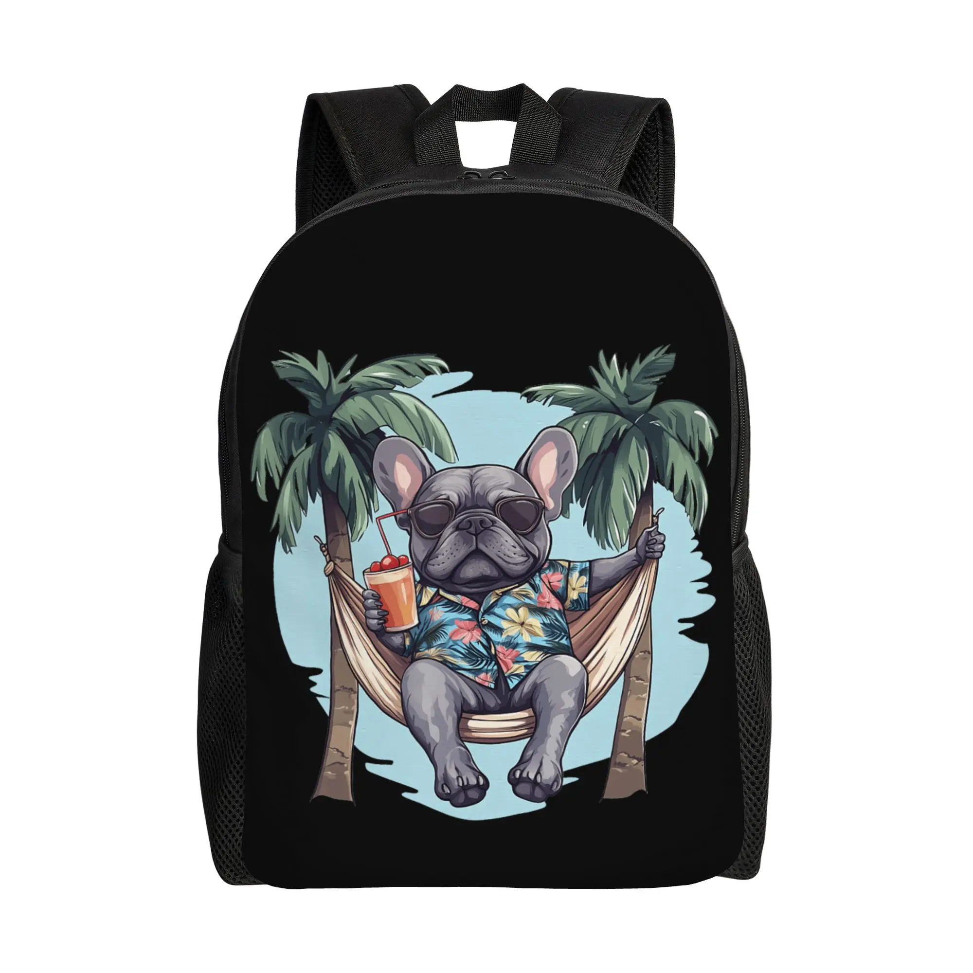 Cool Hawaiian French Bulldog Hammock Palm Trees Beach Vibes Backpack Kawaii Backpacks Men Outdoor Style Durable High School Bags