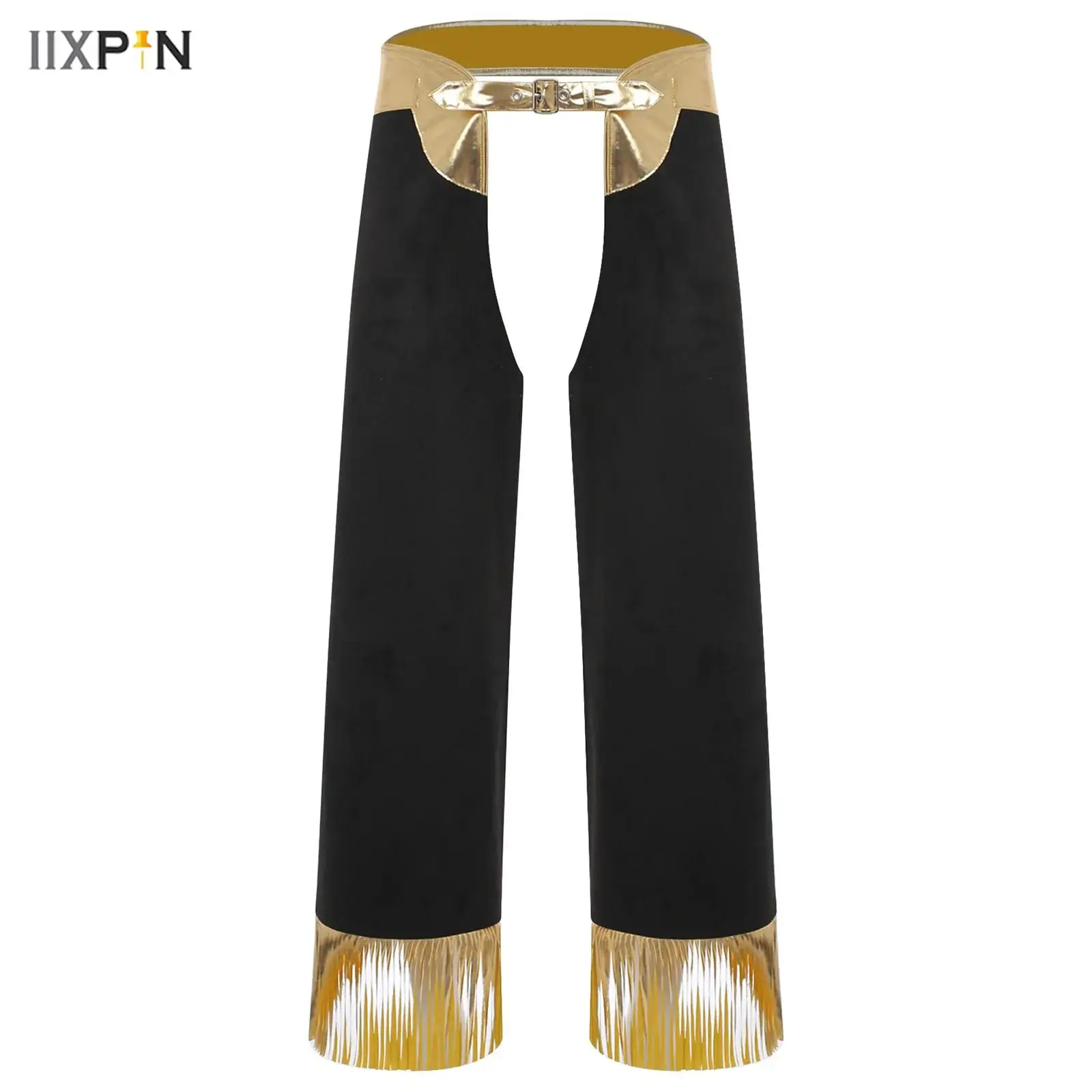 

Mens Western Cowboy Bull Riding Chaps Metallic Shiny Fringe Adjustable Waist Hollow-out Long Pants Pants for Halloween Party