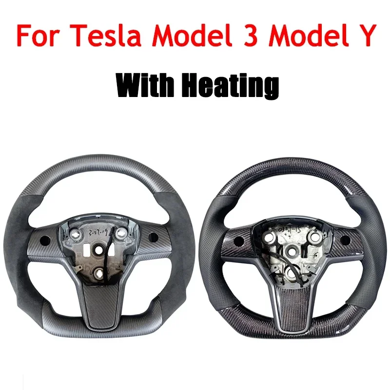 350MM Heating Real Carbon Fiber Leather Alcantara Steering Wheel For Tesla Model 3 Y 2017- 2023