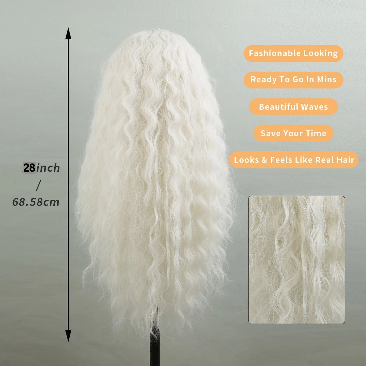Wig Panjang Sintetis Bulu Halus Bergelombang Alami Putih dengan Poni untuk Cosplay Harian Halloween 28 Inci