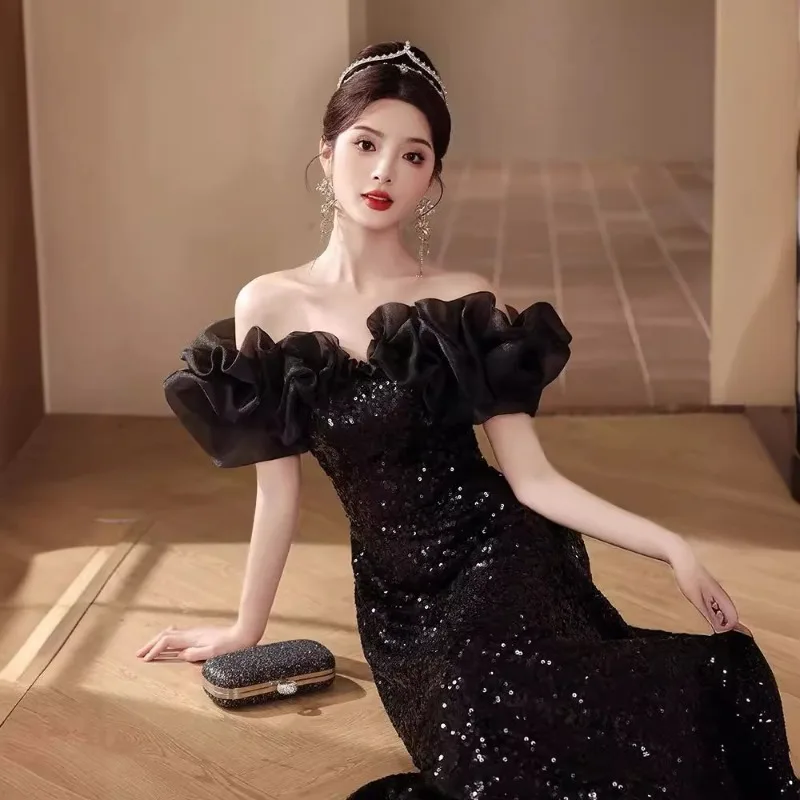 أسود مطرزة ثوب مسائي فرنسي كتف واحد هدية عيد ميلاد ألف خط ثوب التخسيس المضيف مأدبة ثوب مسائي 2026 نمط جديد