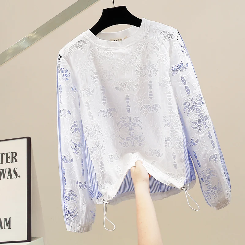 

Модный плотный кружевной топ с вырезами, длинными рукавами и круглым вырезом, свободного кроя, с завязками, новый дизайн