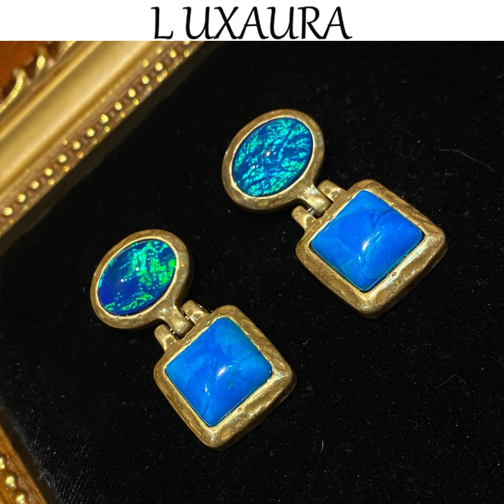 Vintage fashion classic blue natural stone geometric design paired with Bohemian women's accessory stud earrings