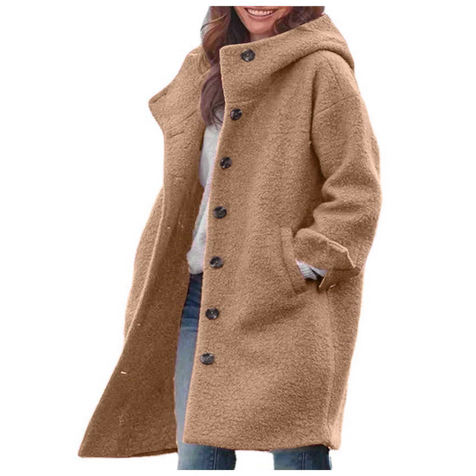 

Women Thick Wool Winter Jackets Solid Color Long Sleeved Warm Single Breast Hooded Woolen Coat Casual Trench Coat For Women