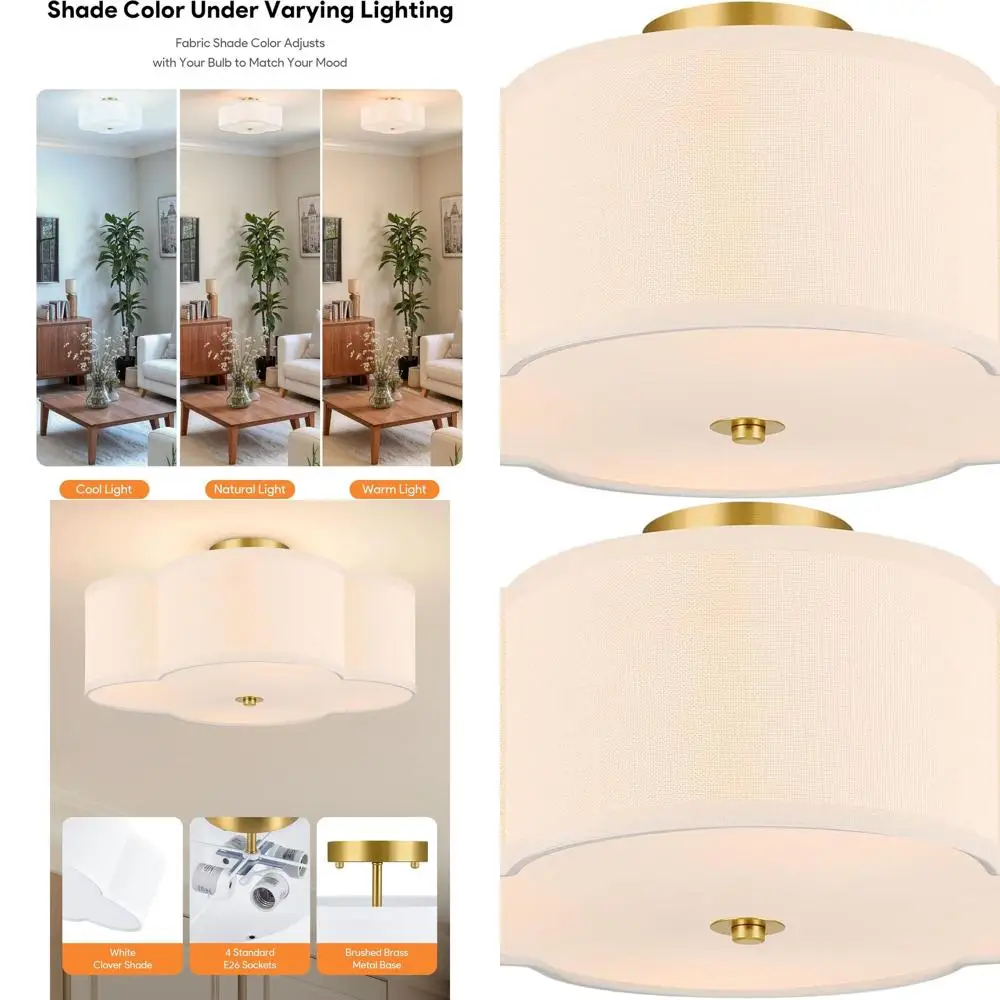 

Современный потолочный светильник с 4 лампами, полувстраиваемый, с абажурами в виде белых клеверов, золотистое покрытие, сертифицирован ETL для домашнего освещения