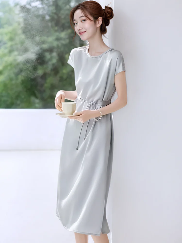 Women Solid Satin Luxury Party Evening Dress Summer Short Sleeve Bow Bandage Loose Dress 2025 Korean Fashion Elegant Party Dress
