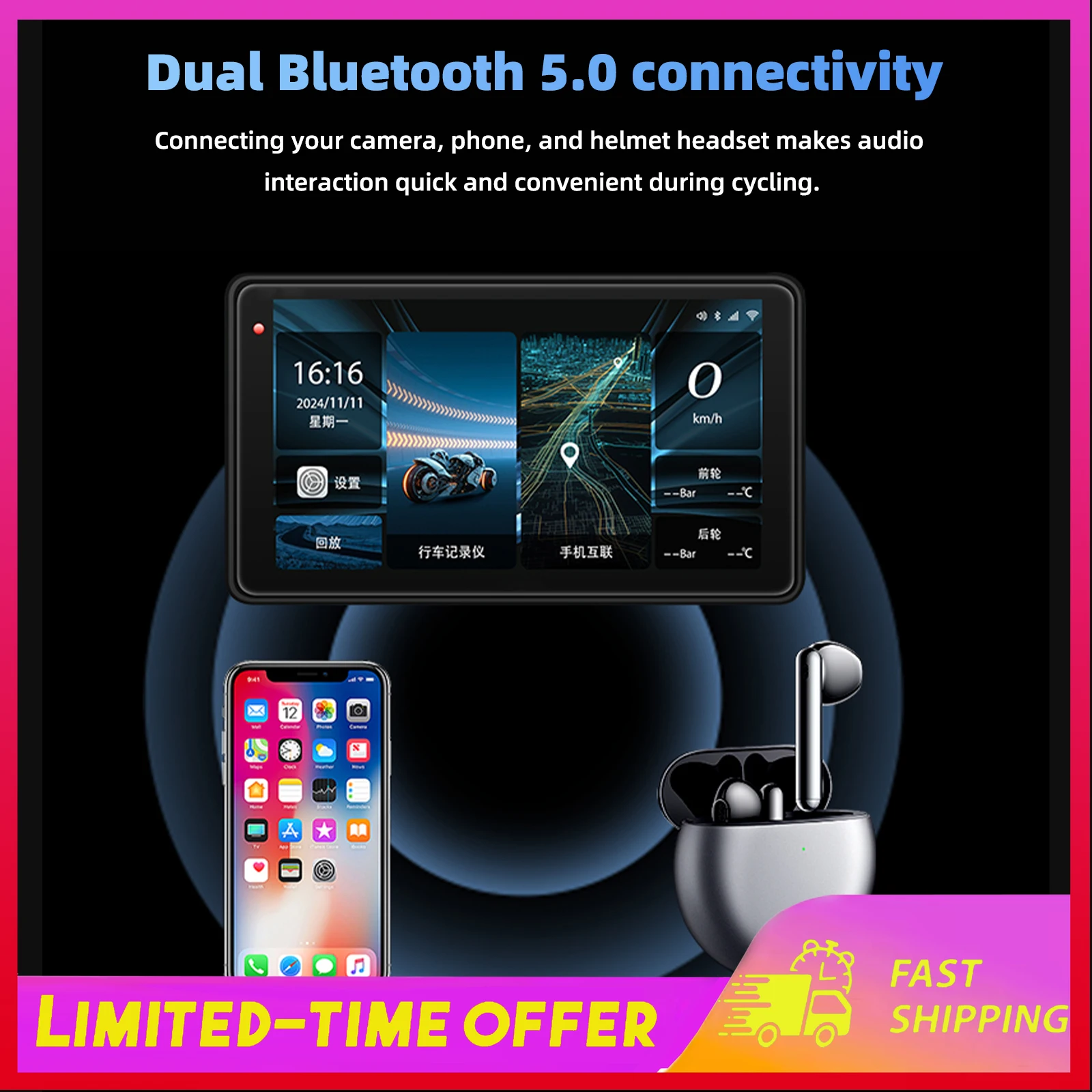 

Motorcycle Equipments GPS Navigation Screen 1080P Dash Cam Front Rear 5in IP68 Touchscreen Bluetooth Audio Receiver Waterproof