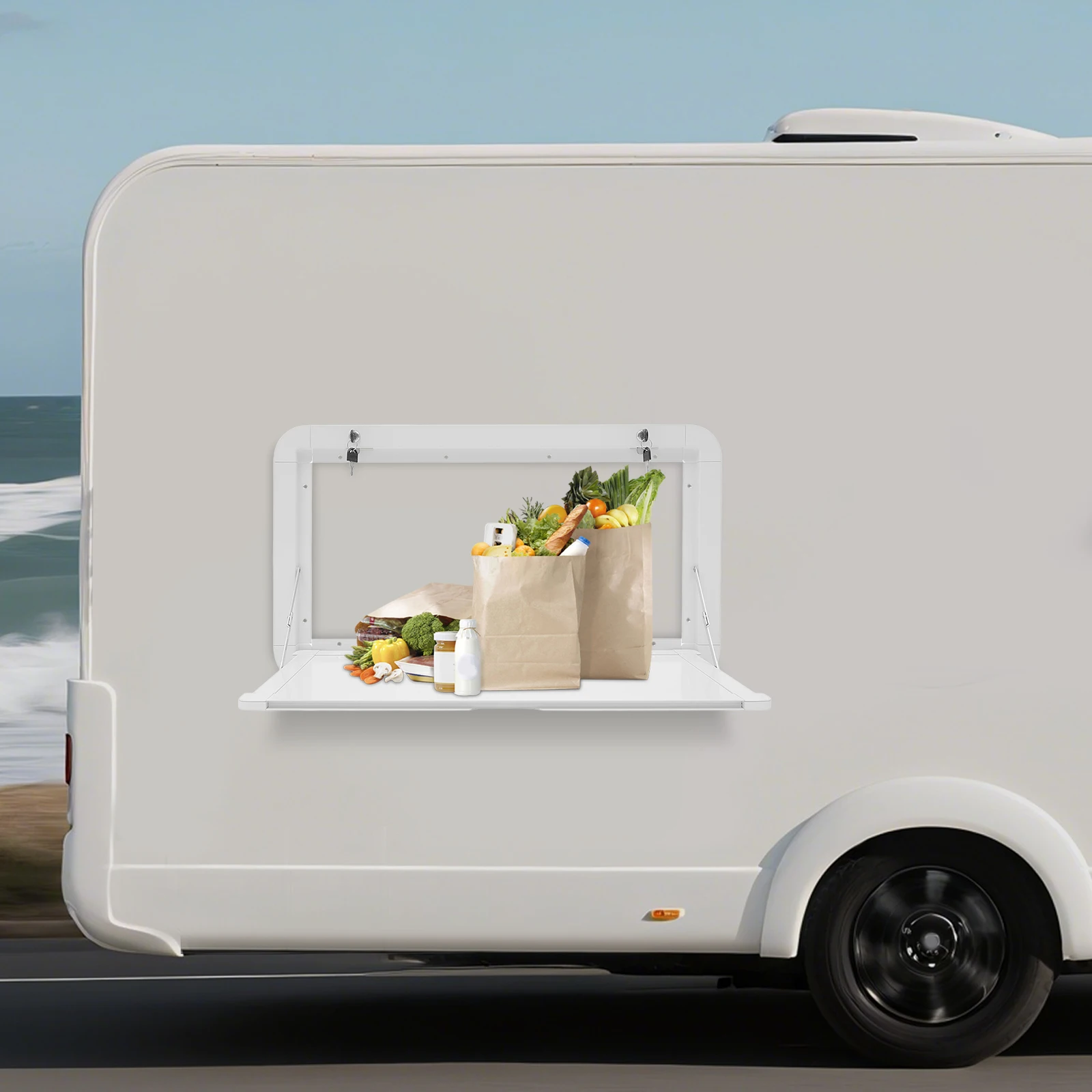 

Foldable White Aluminum RV Table W/ 4 Keys, Triangle Wall-Mounted Space-Saving Design, 55.11 Lbs Capacity for Caravans & Campers