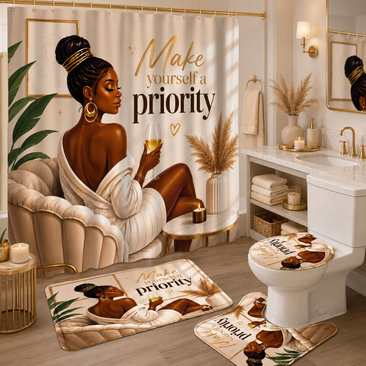 2D Flat, 2D Flat 4pcs Elegant Shower Curtain Set, Beige Golden Black Woman Inspirational Quote Design Bathroom Decor, Additions with, U-Shaped, Toilet Lid Cover, Shower Curtain Includes Hooks, Inspirational Self Love Art, Home Decor