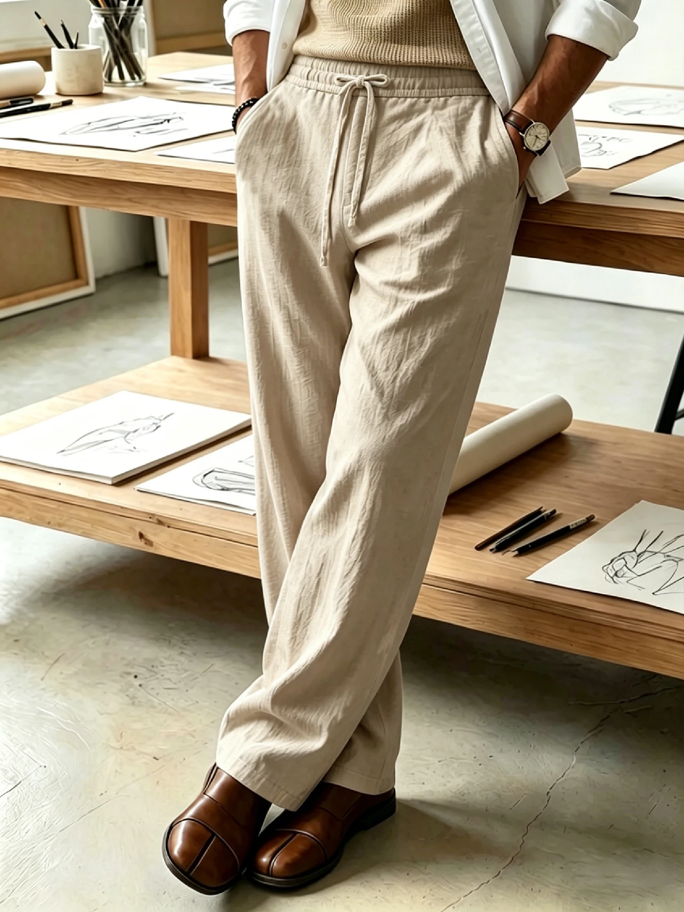 Men's Japanese Relaxed Textured Drawstring Wide Leg Pants, Breathable Wrinkle Fabric, Side Pockets, Loose Straight Fit for Commu