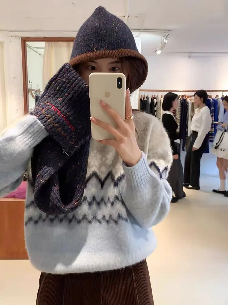 

Thiened вязаный свитер женский круглый Ne Fair Isle узор ретро цвет Blo Nordic Sle верхняя одежда повседневная одежда для поездок на работу