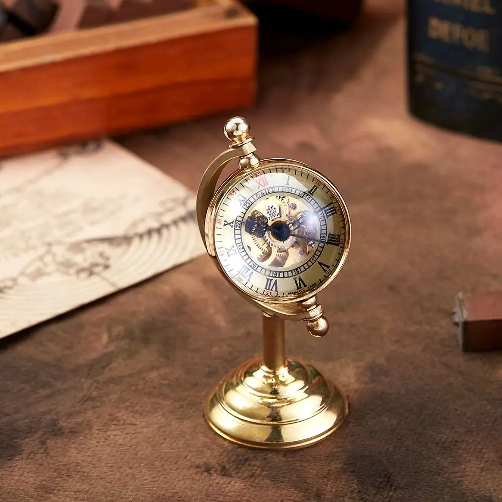 Boule de verre transparente en cuivre pour homme, horloge de bureau mécanique à remontage manuel, globe en forme de trophée, ornement de bureau, cadeaux vintage, 2023