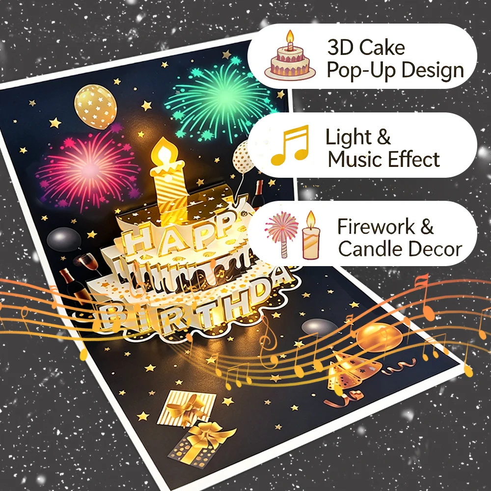 1pc Fireworks-Themed Birthday Cake Greeting Card, 3D Carved Stereoscopic Happy Birthday Card, Suitable for Anyone - view 3