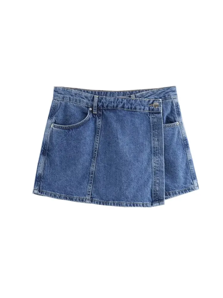 TRAF 2024 letnie Denim dwuczęściowy zestaw z krótkimi rękawami kieszonkowy damski Top Mini spodenki modne w stylu Casual, damska 2-częściowe zestawy