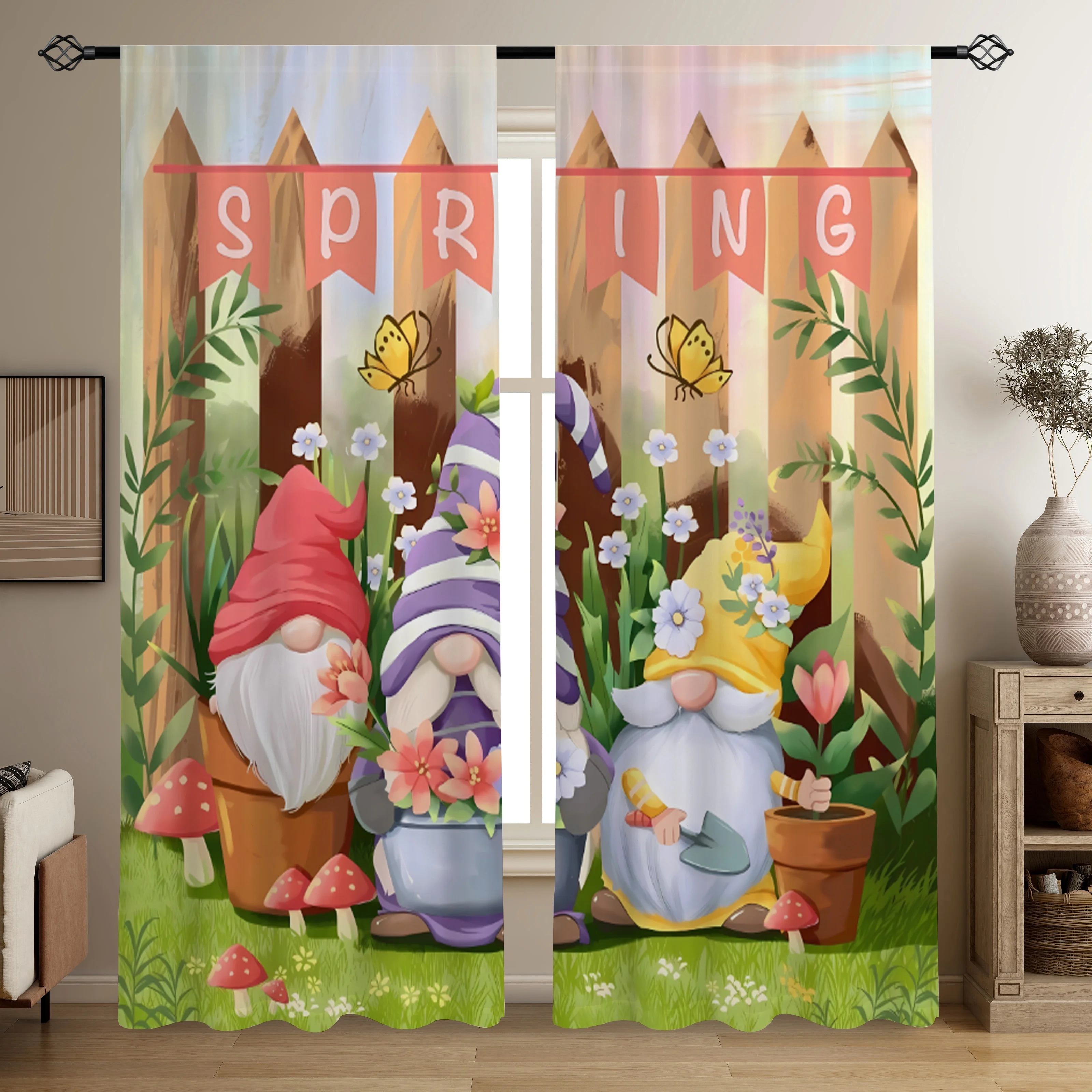 Cottagecore Spring Gnome Dwarfs Cartoon Window Curtains Whimsical Garden Theme Nursery Room Decoration Kids Boys Girls Cute