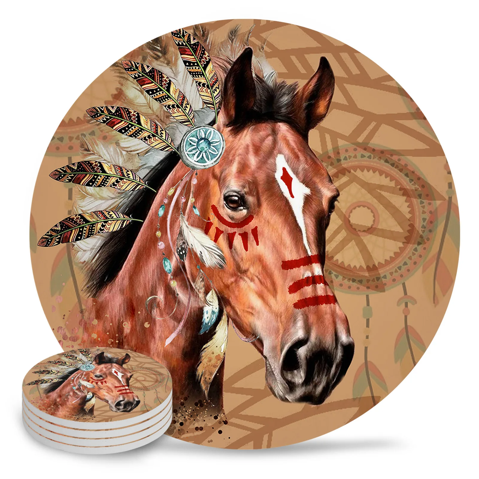 Horse Indian Feather Coasters Ceramic Set Round Absorbent Drink Coaster Coffee Tea Cup Placemats Table Mat