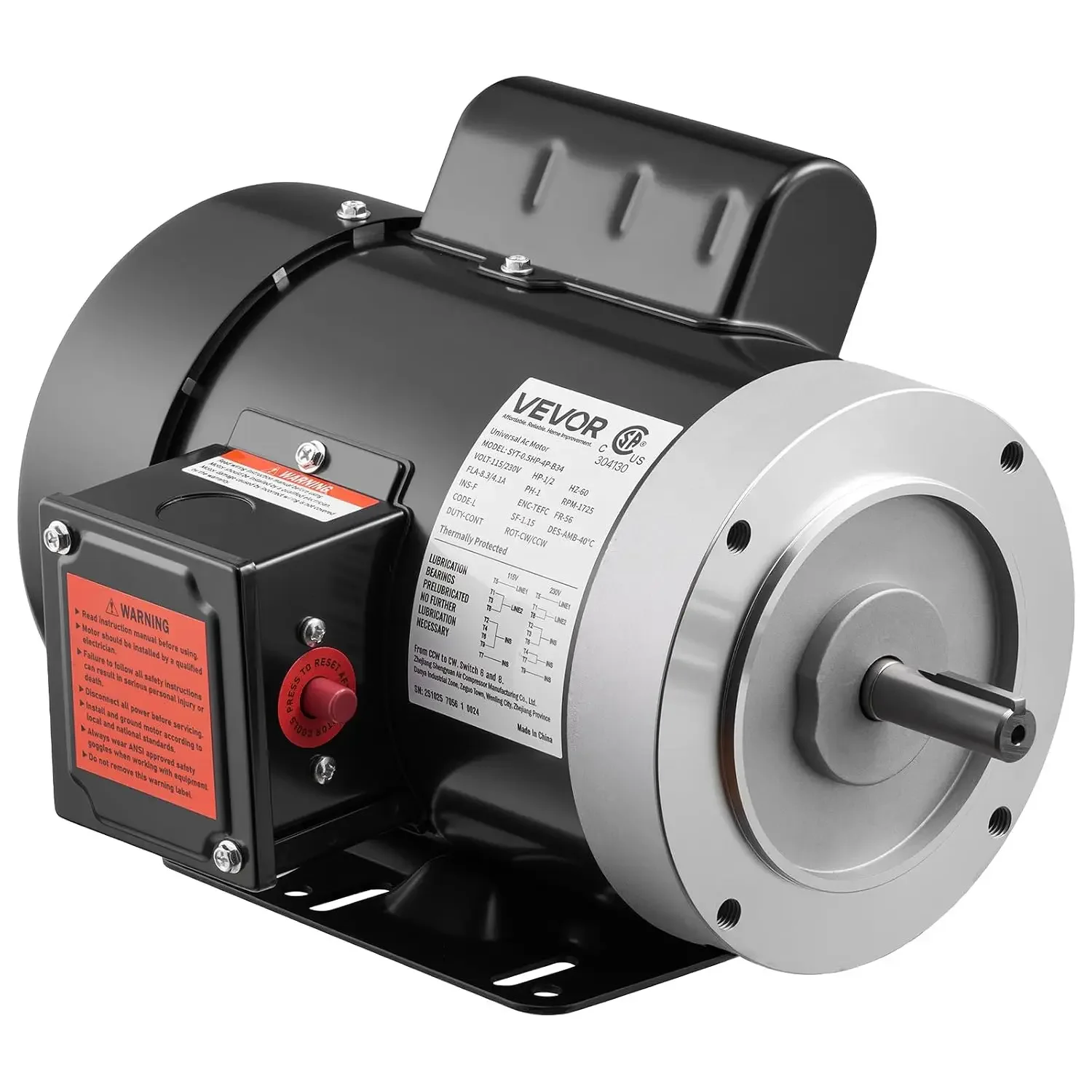 0.5 HP Electric Motor, 1725RPM Air Compressor Motor, CW/CCW Rotation, 5/8 inch Shaft Diameter, 1.88inch Shaft Length, 2.07N.m To