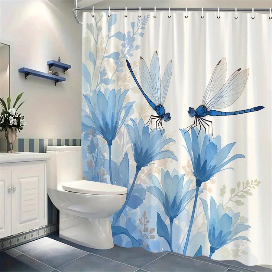 1pc Blue floral and dragonfly patterned shower curtain with hooks, made of polyester fabric, suitable for bathroom décor.