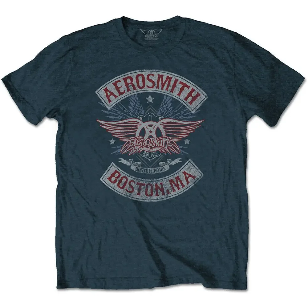 

Aerosmith T-Shirt Boston Pride Band New Blue Official tops Unisex Summer Short Sleeve