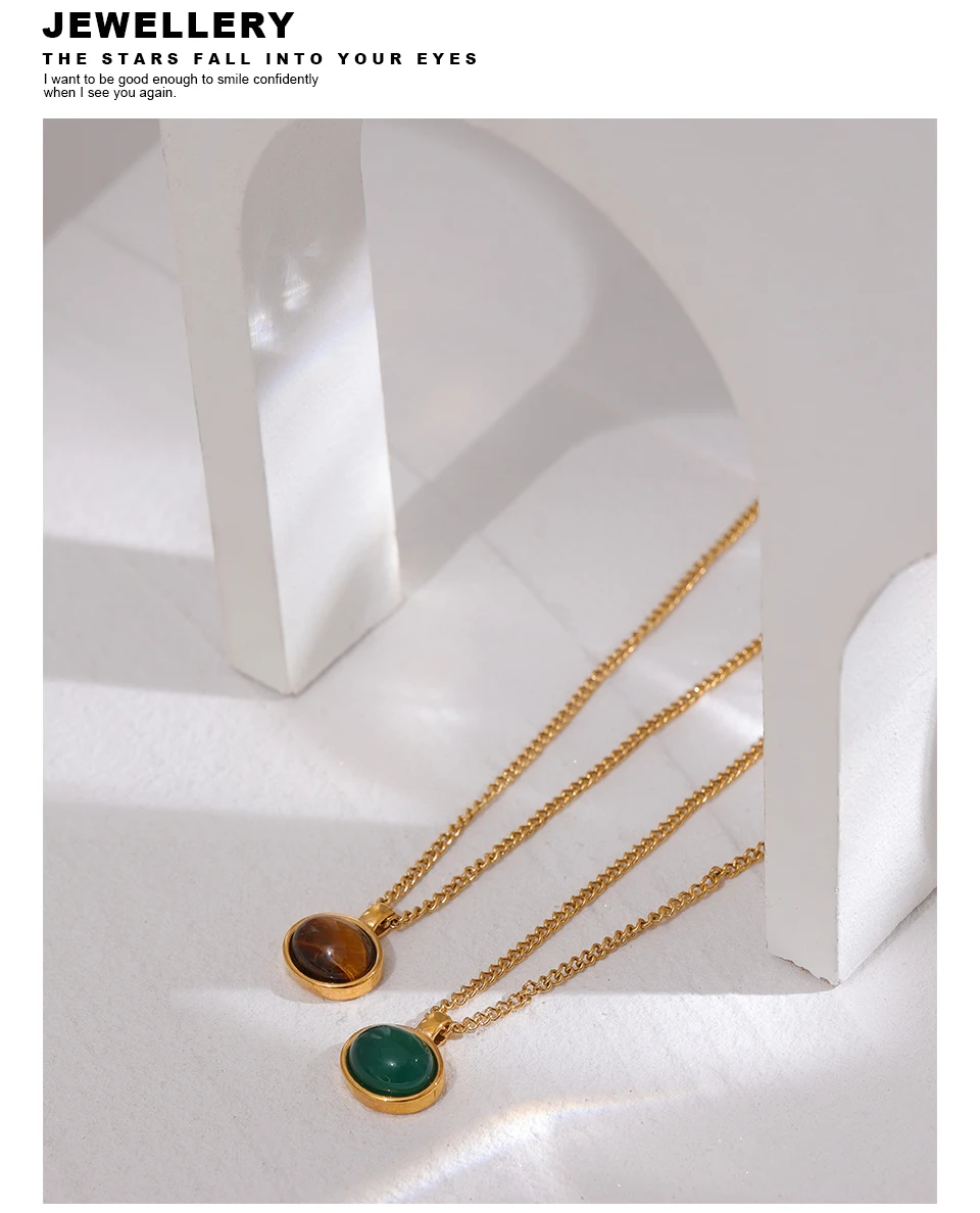 Yhpup Green Agate Tiger Stone Pendant Necklace for Women 316L Stainless Steel Gold Color Chain Collar Fashion Charm Jewelry
