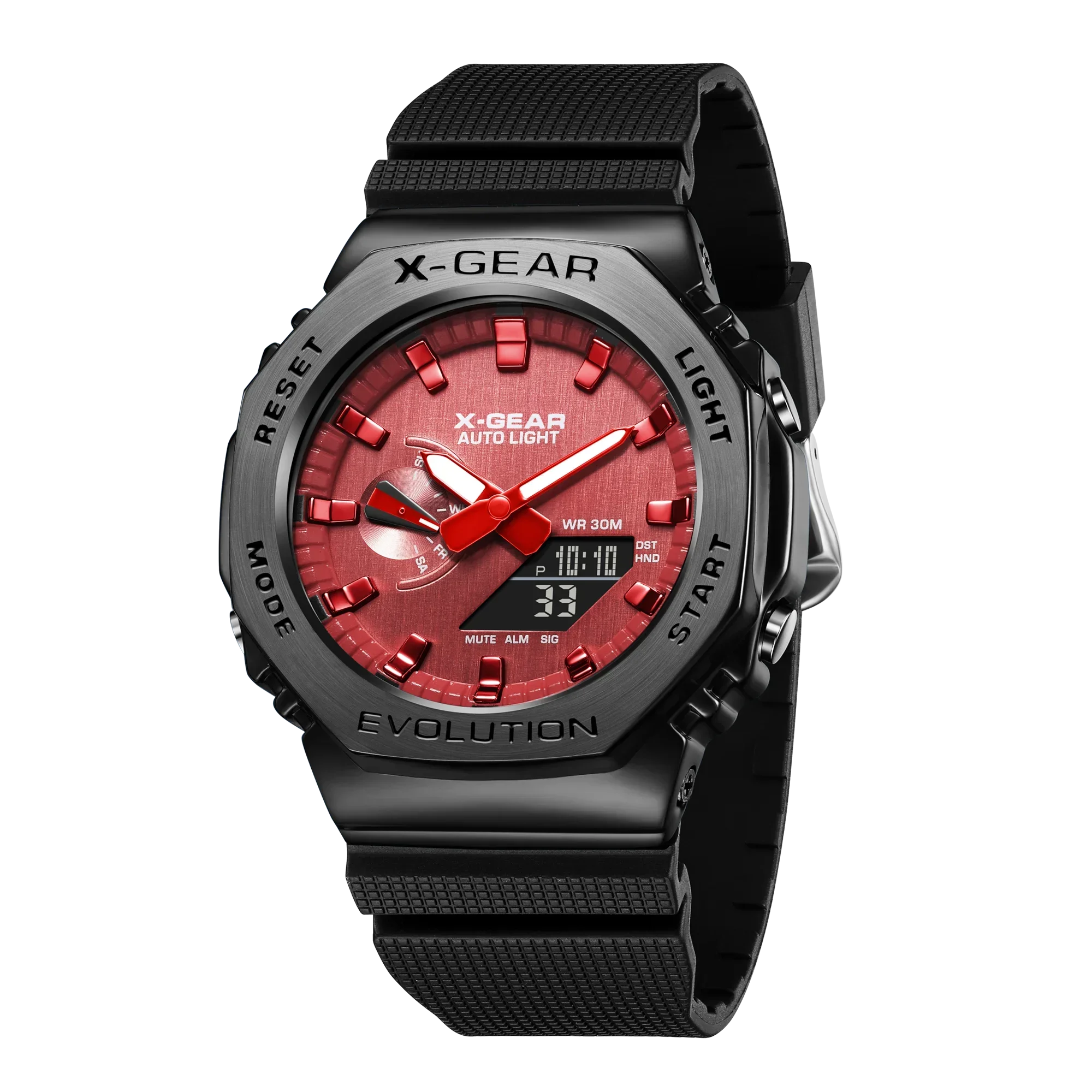 

2100 Sport Digital Electronic Unisex Watch Alloy Dial LED Dual Display World Time Fully Functional Rubber Strap Oak Collection