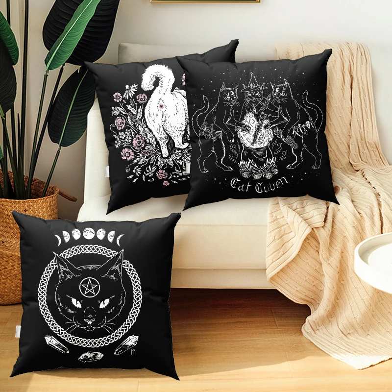 Cat Mystery Divination Witchcraft Cushion Cover Pillowcase Black Pillow Home Decor