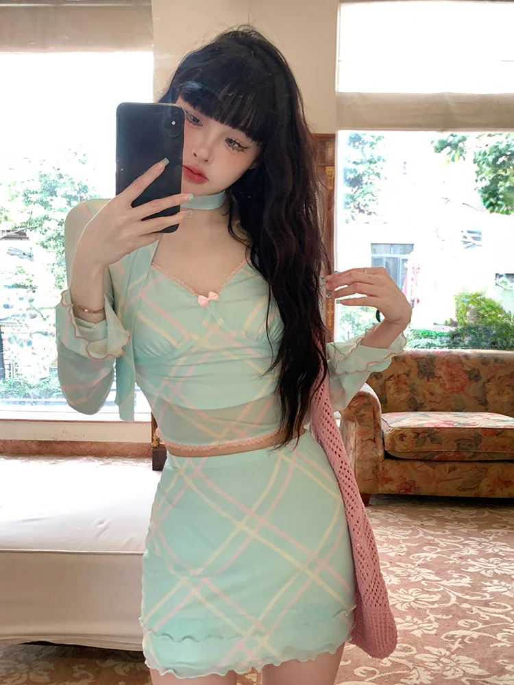 2024 Summer Korean Fashion Y2k Suit Woman Thin See Through Slim Blouse Sexy Bodycon Mini Skirt Spice Girls Sweet Skirt Set Chic